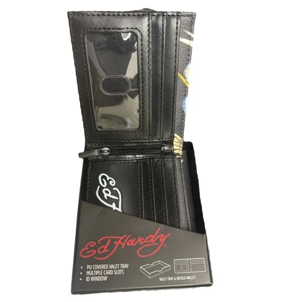 Ed Hardy Men's Black Wallet Bi-fold With Valet Tray PU Leather Eagle Tattoo New